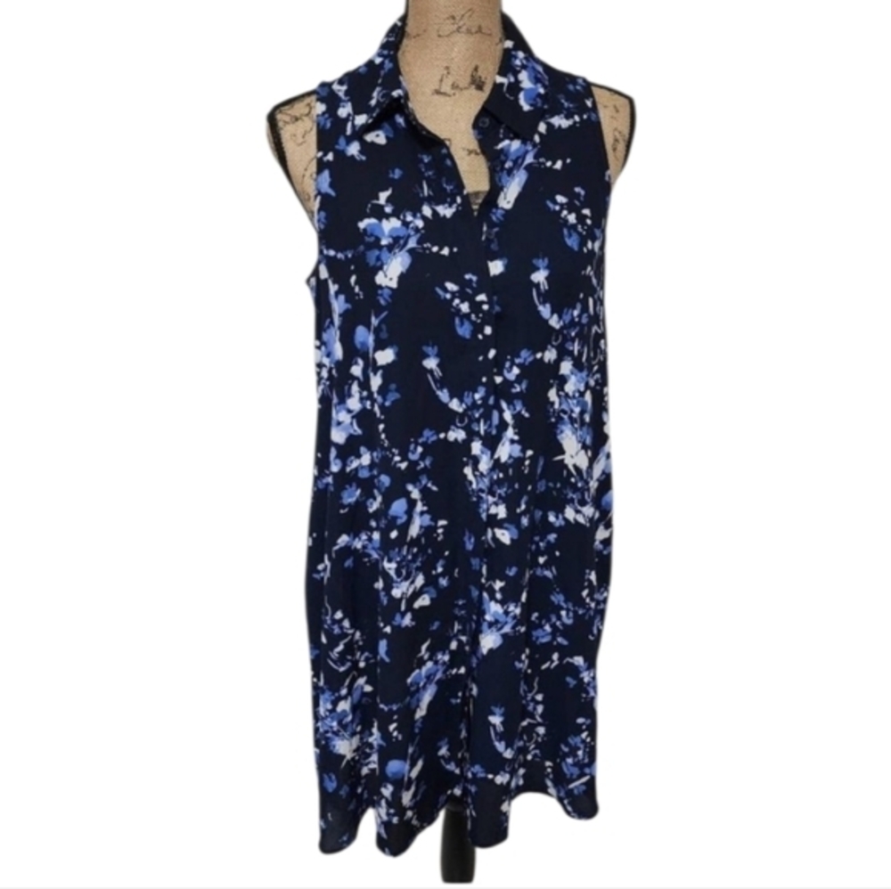 Adrianne Papell Sleeveless Shirt Dress Blue White‎ Floral Print Casual Work Sz 8